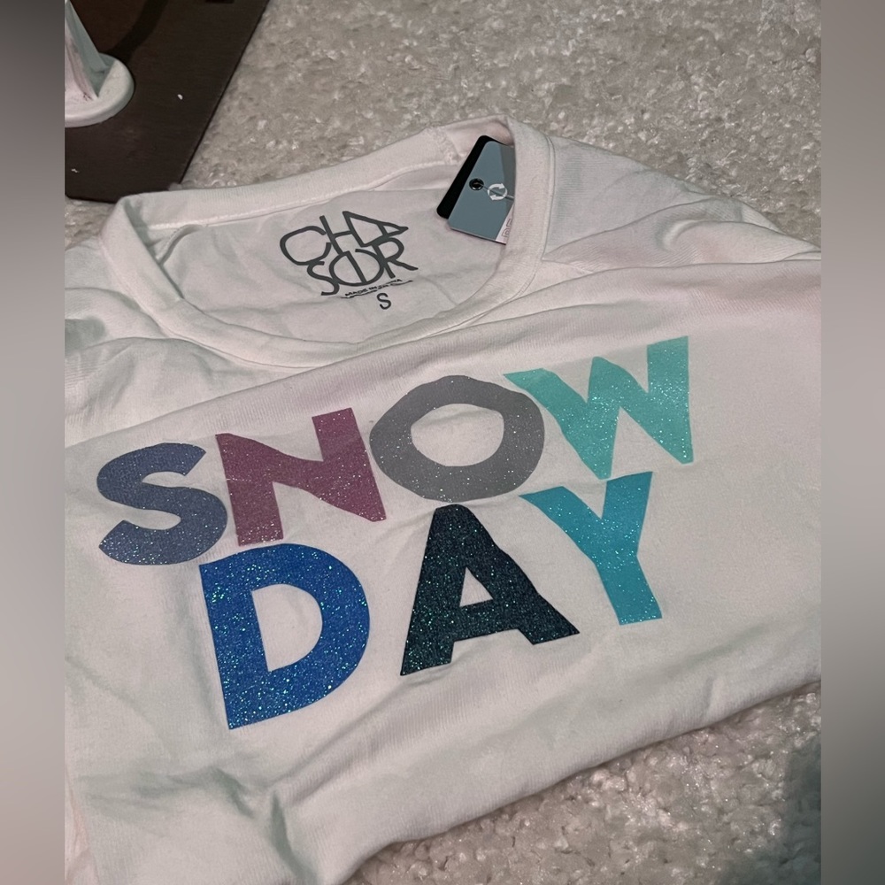 NWT $80 Chaser | Snow Day | Glitter | Long Sleeve Tee in Light Cream